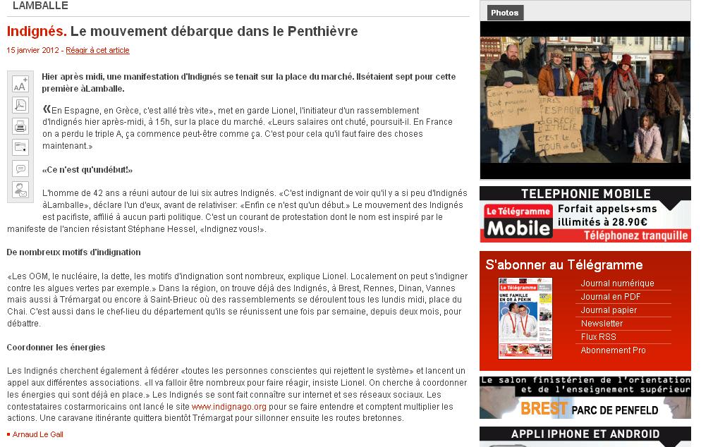 Indignés le mouvement débarque dans le Penthievre